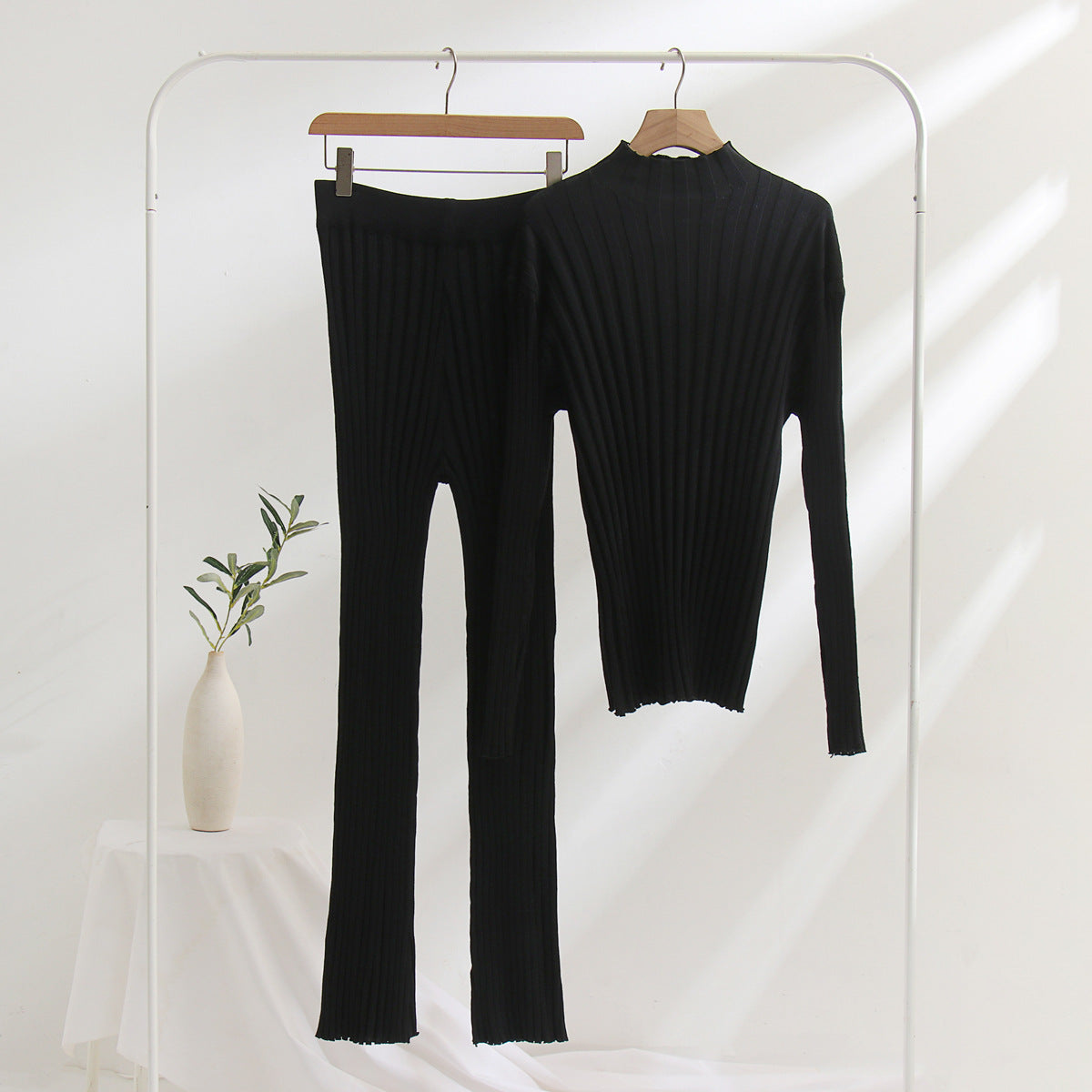 Black Sunken Stripe Tops & Bell-bottom Pants Set