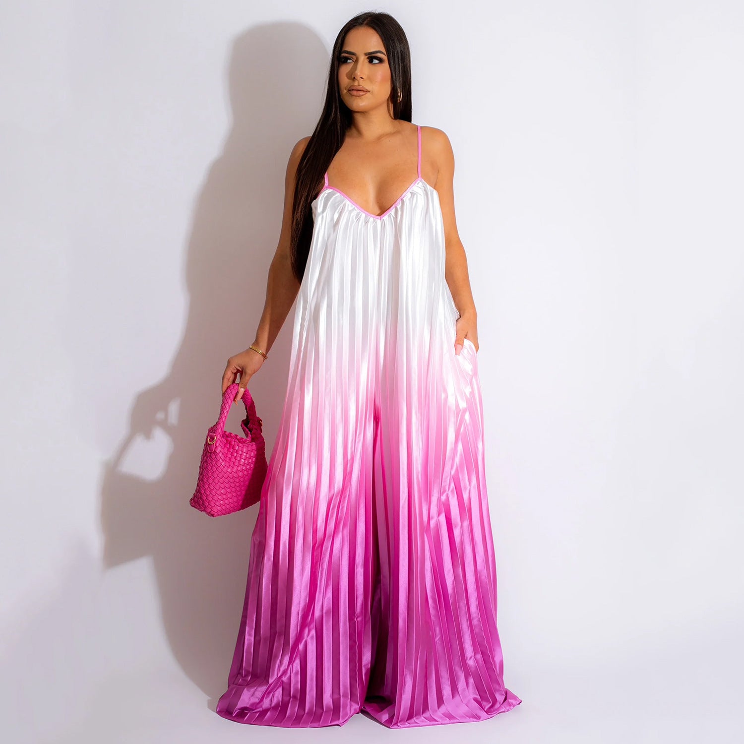 Gabrielle Gradient Rose Pink Pleated Loose Jumpsuits