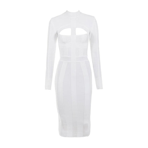 S1 Women Bodycon Bandage Dress White Long Sleeve Hollow Out Club Dress Vestidos Celebrity Evening Party Midi Dress
