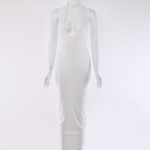 S1 Halter Backless Sexy Knitted Pencil White Dress