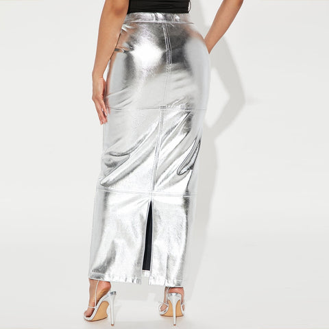 Silver High Waist Metallic Hue Maxi Skirt 