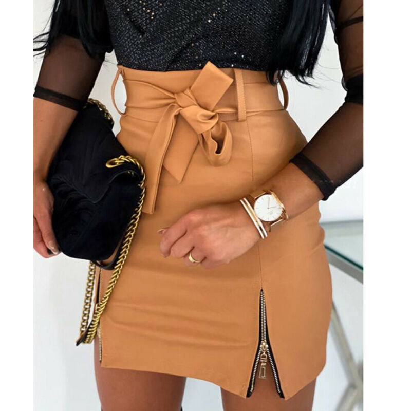 Khaki Leather Mini Skirts with Slit Zipper Details