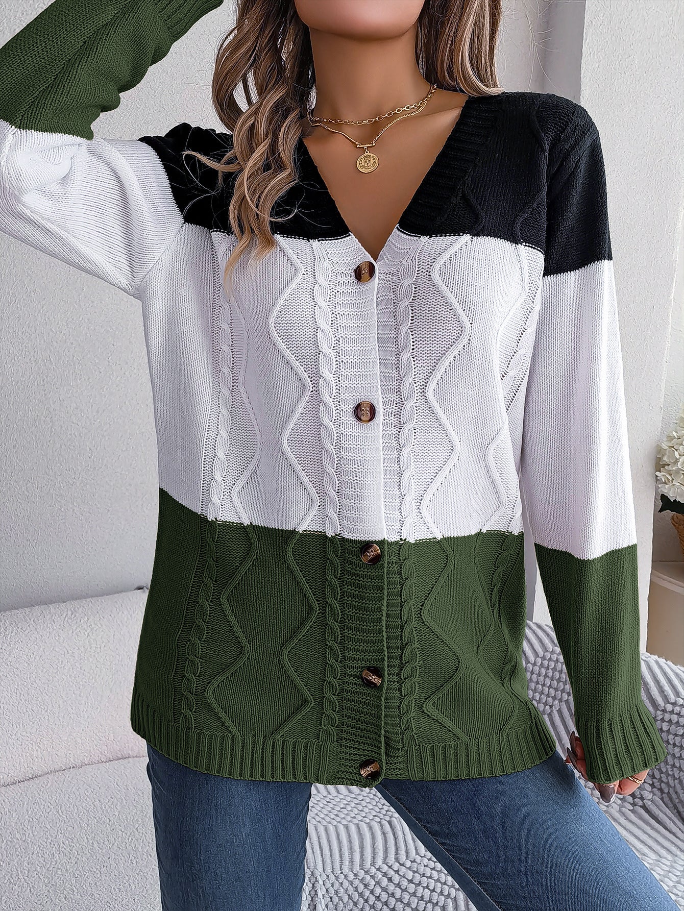 Army Green Charlotte Buttoned Casual Sweater