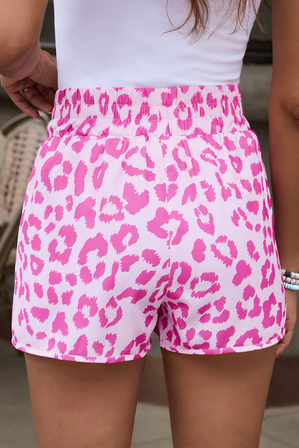 Fuchsia Pink Blush Feline Print Elastic Waist Shorts