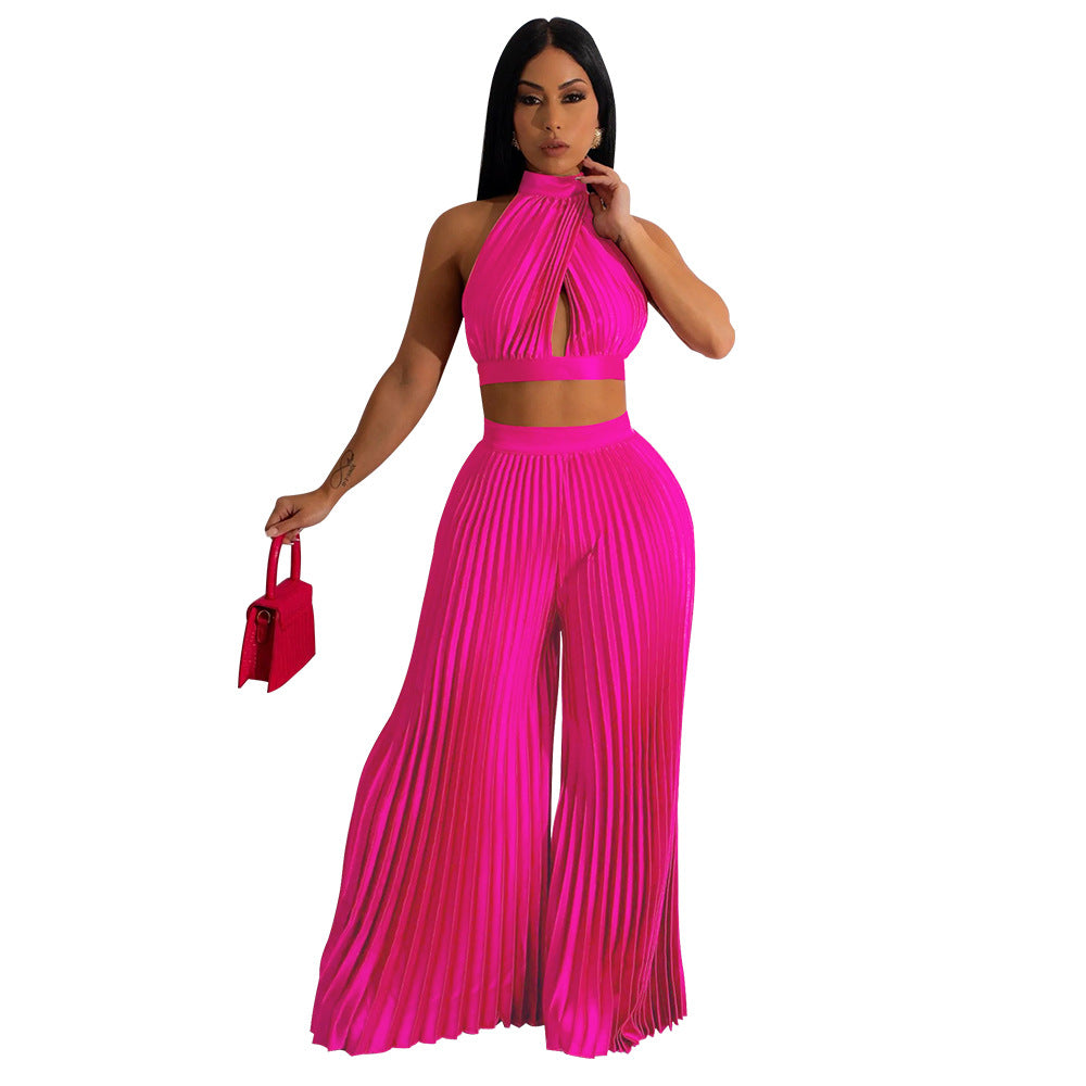 Plus Size Solid Color Crop Top and Wide-Leg Trousers Set