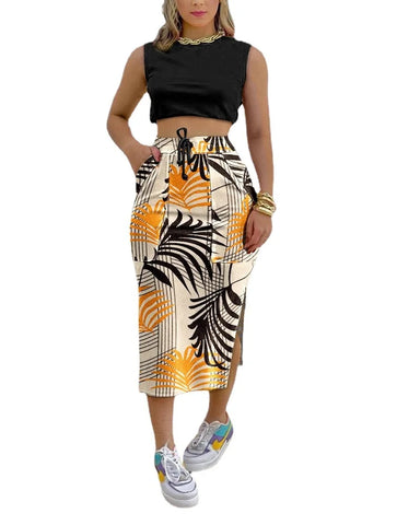 Ladies Casual Crop Top Drawstring Slit Skirt Set Khaki
