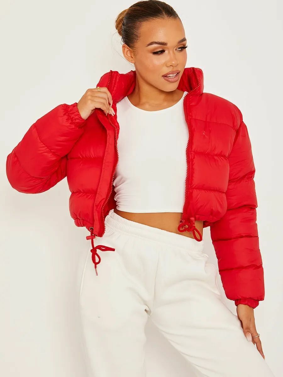 Warm Puffer Crop Top Jacket Red