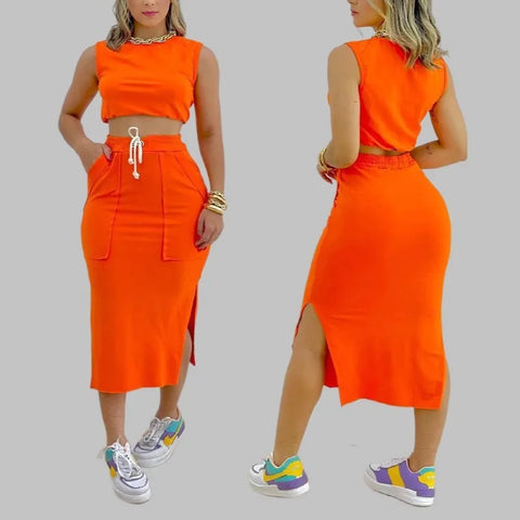 Ladies Casual Crop Top Drawstring Slit Skirt Set Orange