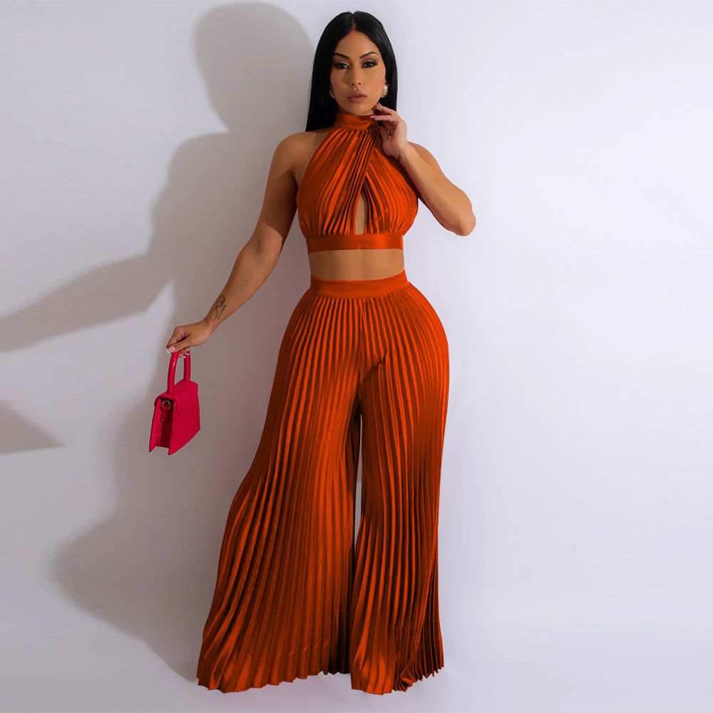 Plus Size Solid Color Crop Top and Wide-Leg Trousers Set