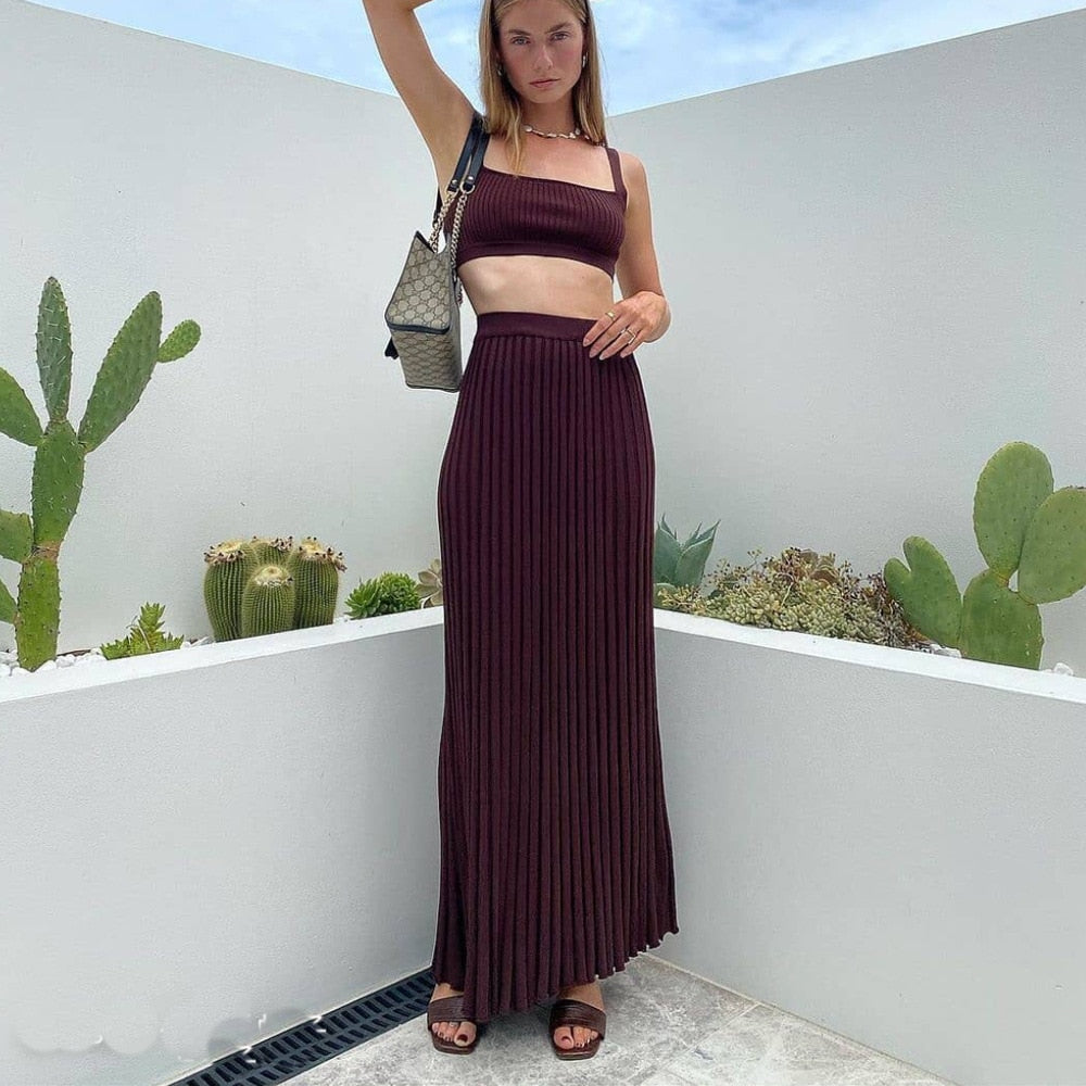 Brown Ribbed Tank Top And Pleated Knitted Skirt