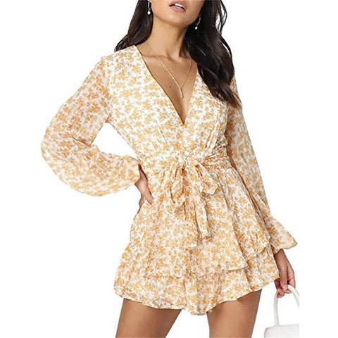 v-neck waist tie floral print short romper