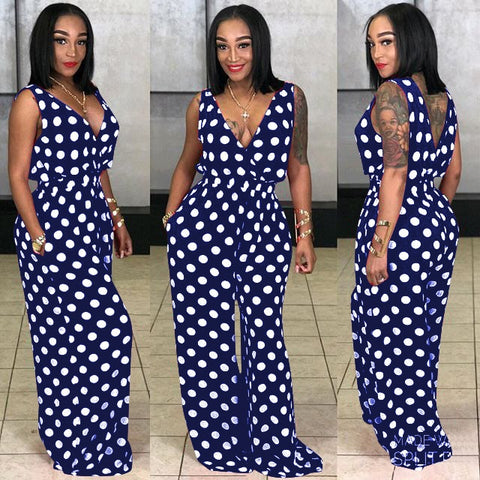 Blue Geneva Plus Size Casual Jumpsuits w/ Polka Prints