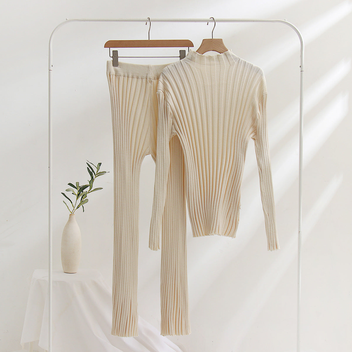 Apricot Sunken Stripe Tops & Bell-bottom Pants Set