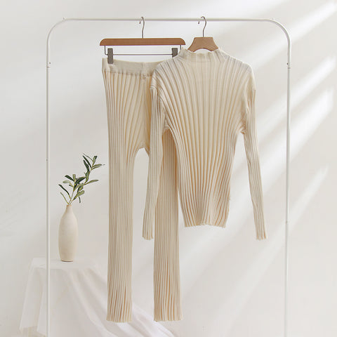 Apricot Sunken Stripe Tops & Bell-bottom Pants Set