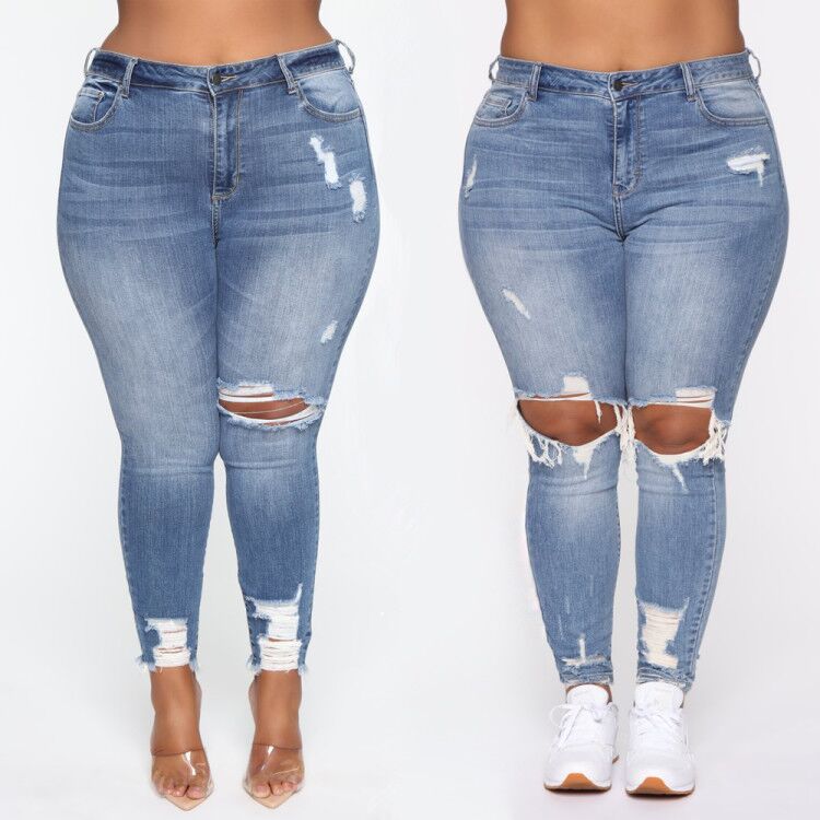 blue Plus Size Stretch Ripped Women Jeans