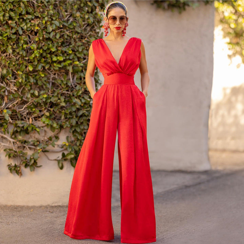 Red Slim Fit High Waist Wide leg Jumpsuit