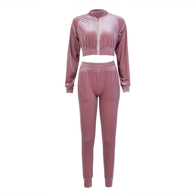 Pink Velour Smooth Sweatshirt & Pants Sets