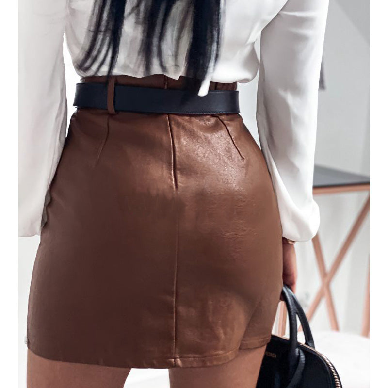 Brown Fashion Rivets PU Leather Mini Skirt