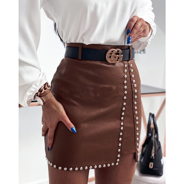 Brown Fashion Rivets PU Leather Mini Skirt