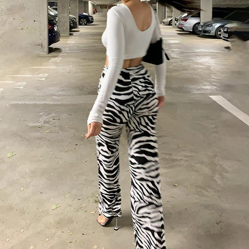 Street Water Ripple Printing Zipper Micro-Pants Women
