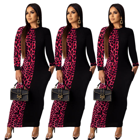 Rose red long sleeves Leopard Print Contrast Summer Dress