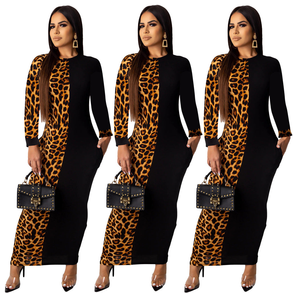 Brown Long sleeves Leopard Print Contrast Summer Dress