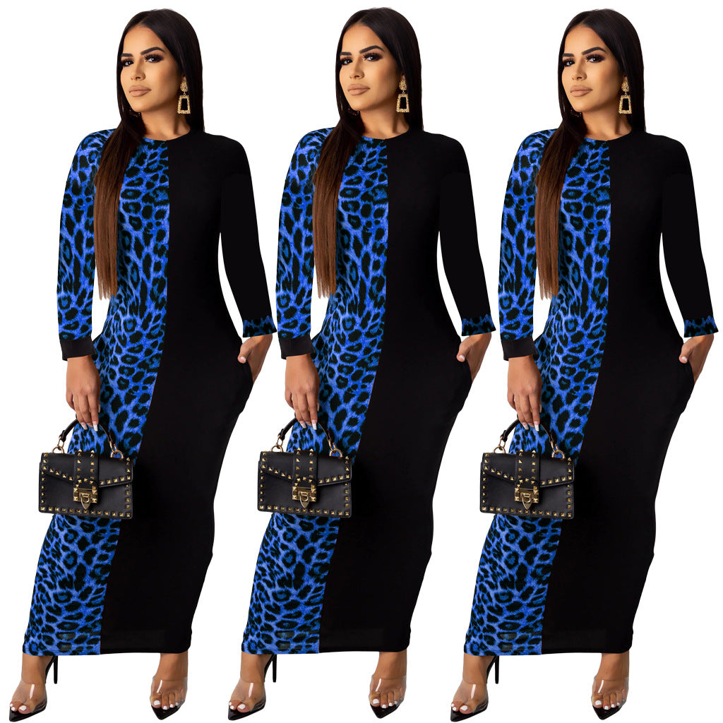 Blue Long sleeves Leopard Print Contrast Summer Dress