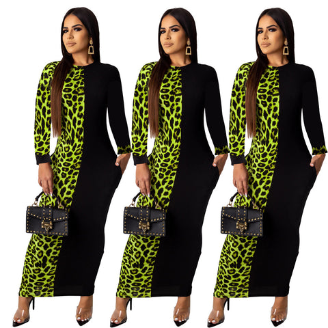 Green long sleeves Leopard Print Contrast Summer Dress