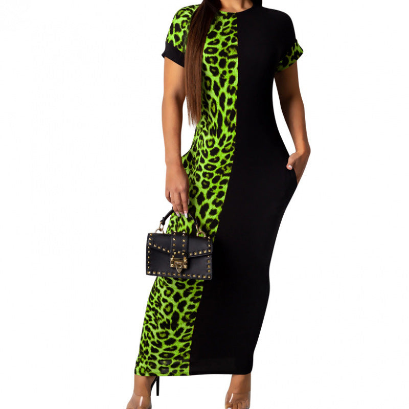Green Short sleeves Leopard Print Contrast Summer Dress