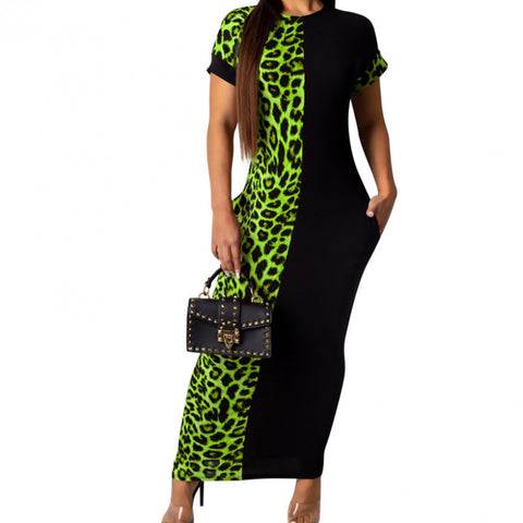 Green Short sleeves Leopard Print Contrast Summer Dress