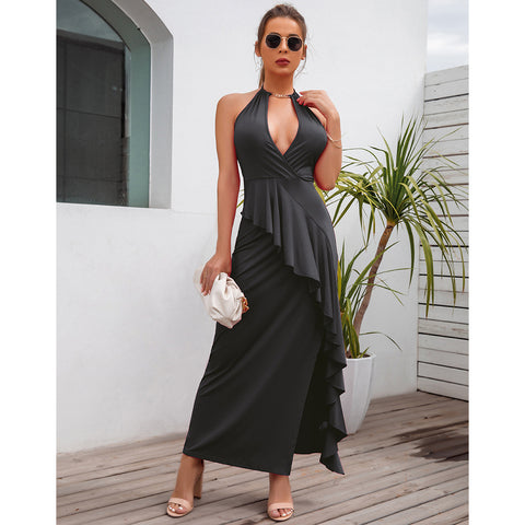 Black Slit Pleated Suspender Summer Dress