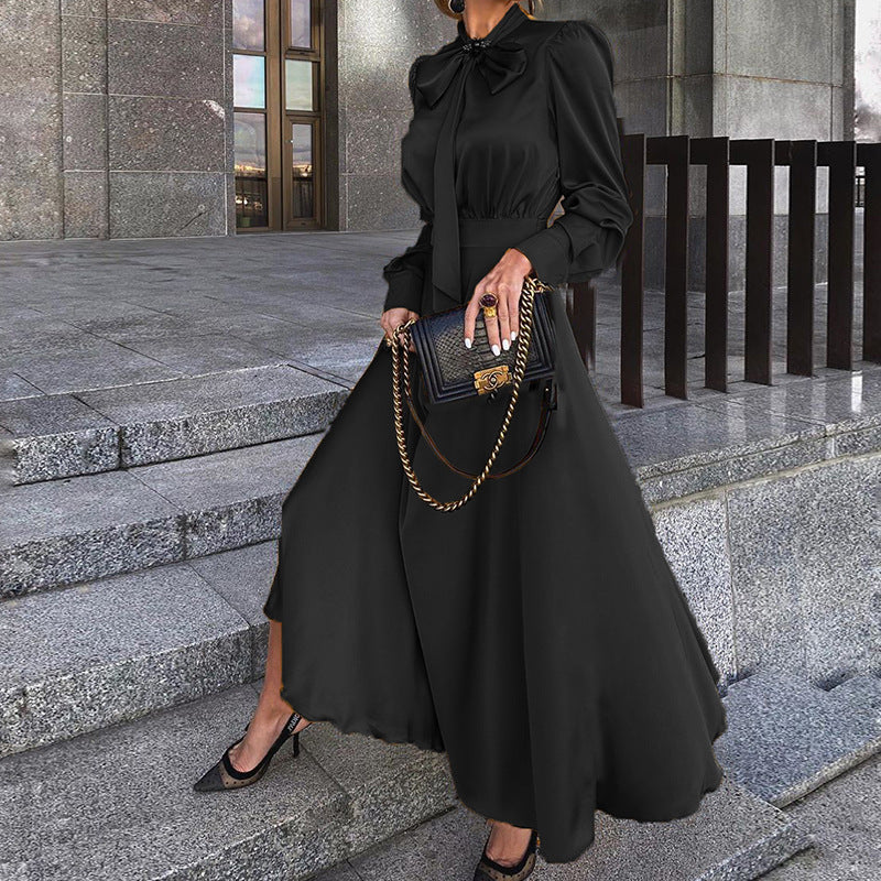 Black Ribbon-Adorned Elegant Dress
