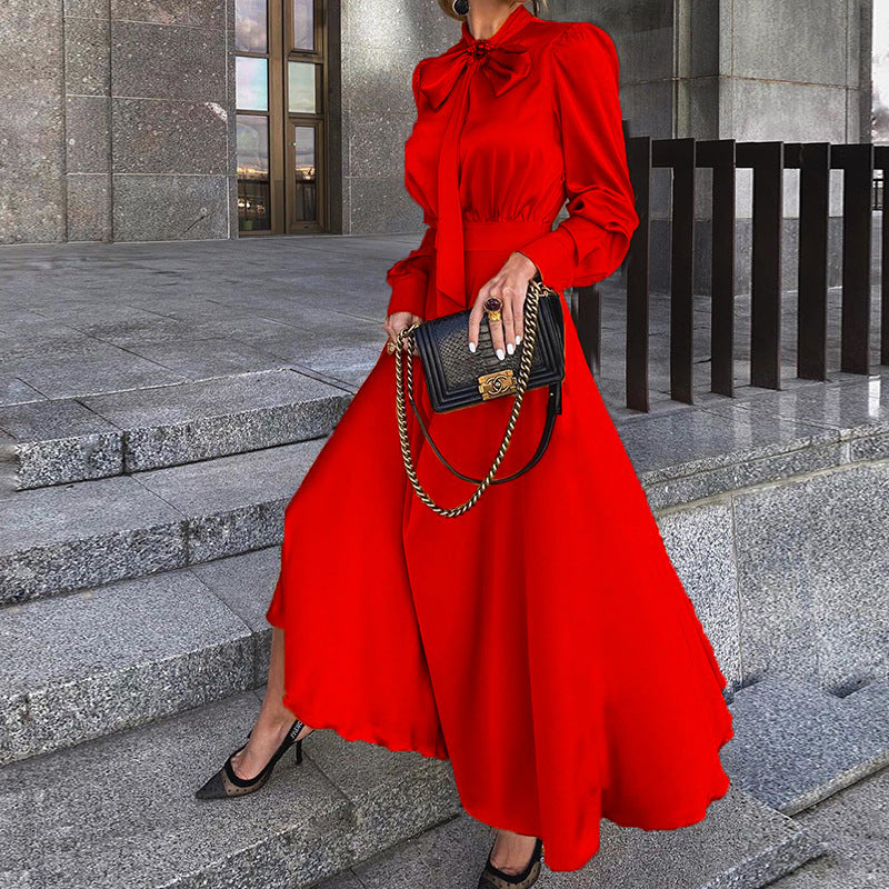 Red Ribbon-Adorned Elegant Dress