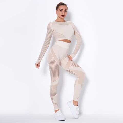 Khaki Gym Mesh Leggings and Shirts Suit