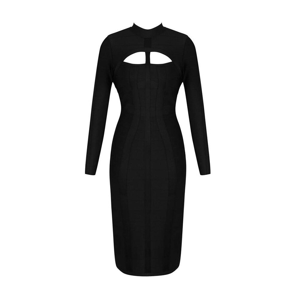 S1 Women Bodycon Bandage Dress White Long Sleeve Hollow Out Club Dress Vestidos Celebrity Evening Party Midi Dress