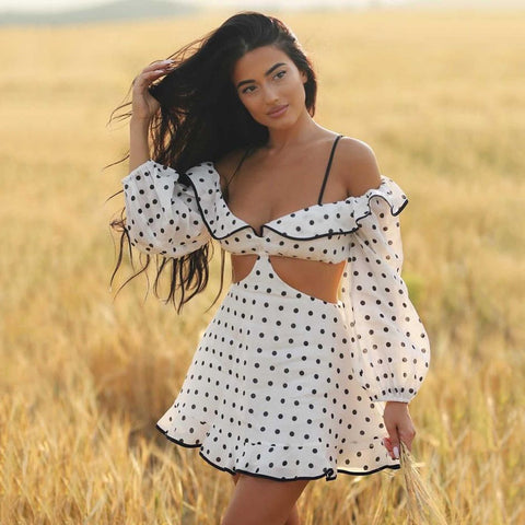 White Dotted Off-Shoulder Back Hollow Sexy Mini Dress