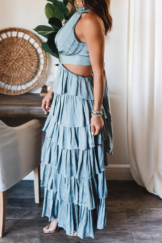 Blue Tiered Patchwork Stunner Dress
