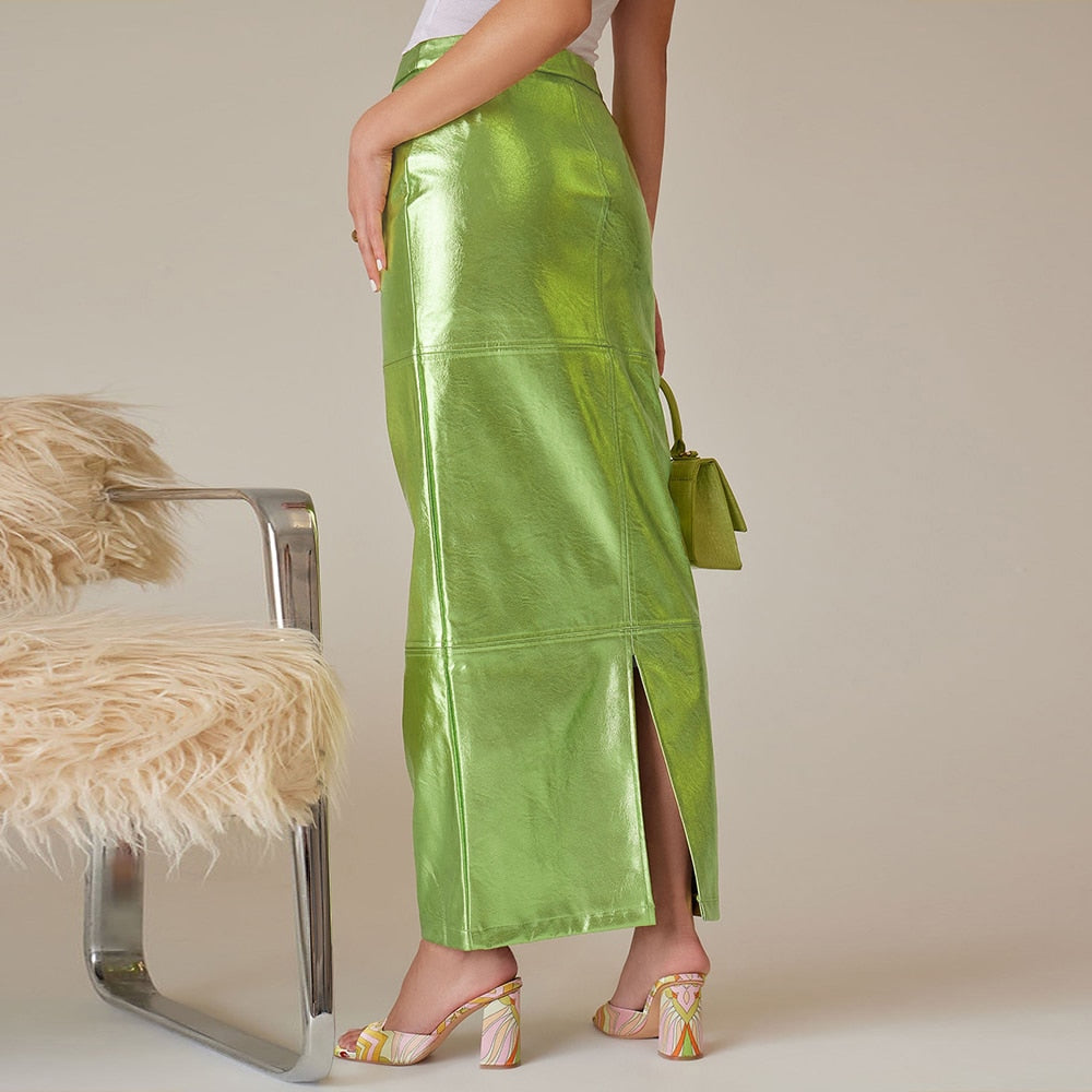 Green High Waist Metallic Hue Maxi Skirt 