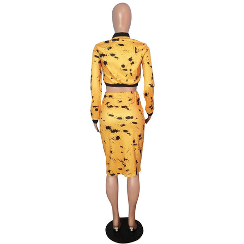 Black/Yellow Tops & Midi Skirts Set