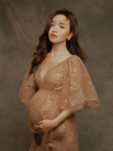 Peach Sequin Angel Sleeve Baby Shower Maternity Dress