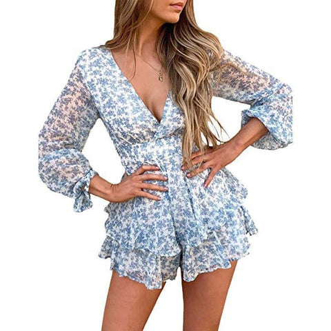 v-neck waist tie floral print short romper