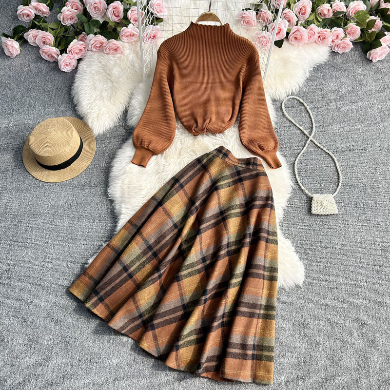 Light Brown Ribbed Women Tops and Plaid Skirt Set