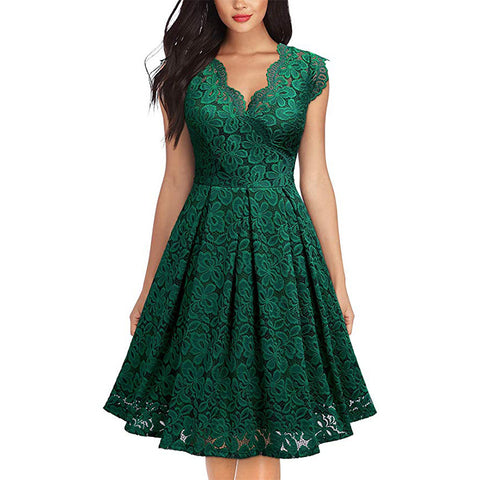 Green Retro Lace V-Neck Cocktail Dress
