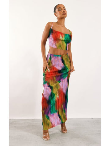 Green Printed Pleated Top And Skirt Set