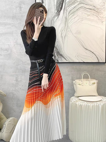 Twilight Black Orange Pleated Midi Dress