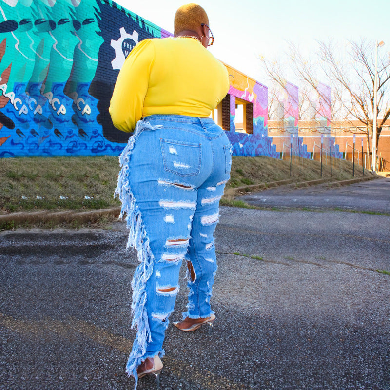 Light Blue Ripped Hollow-Out Tight Denim Pants