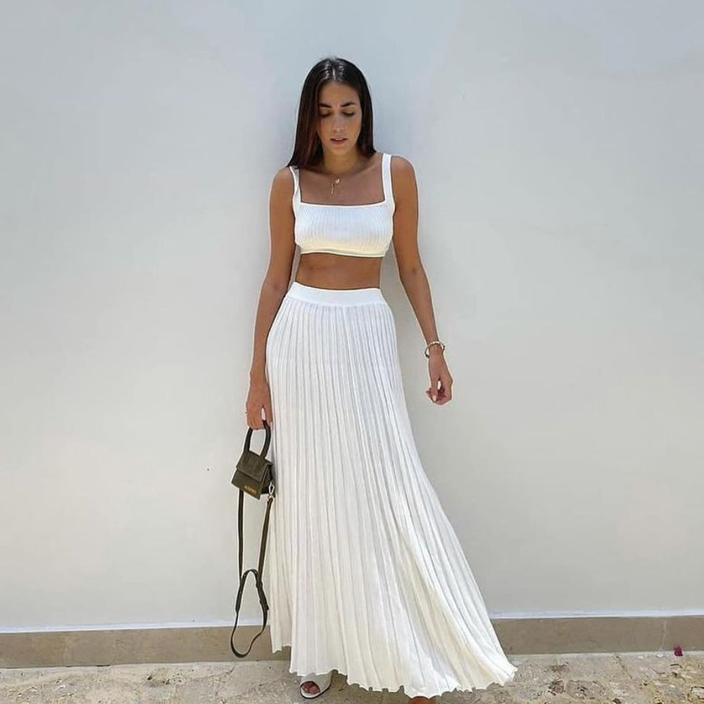 White Ribbed Tank Top And Pleated Knitted Skirt