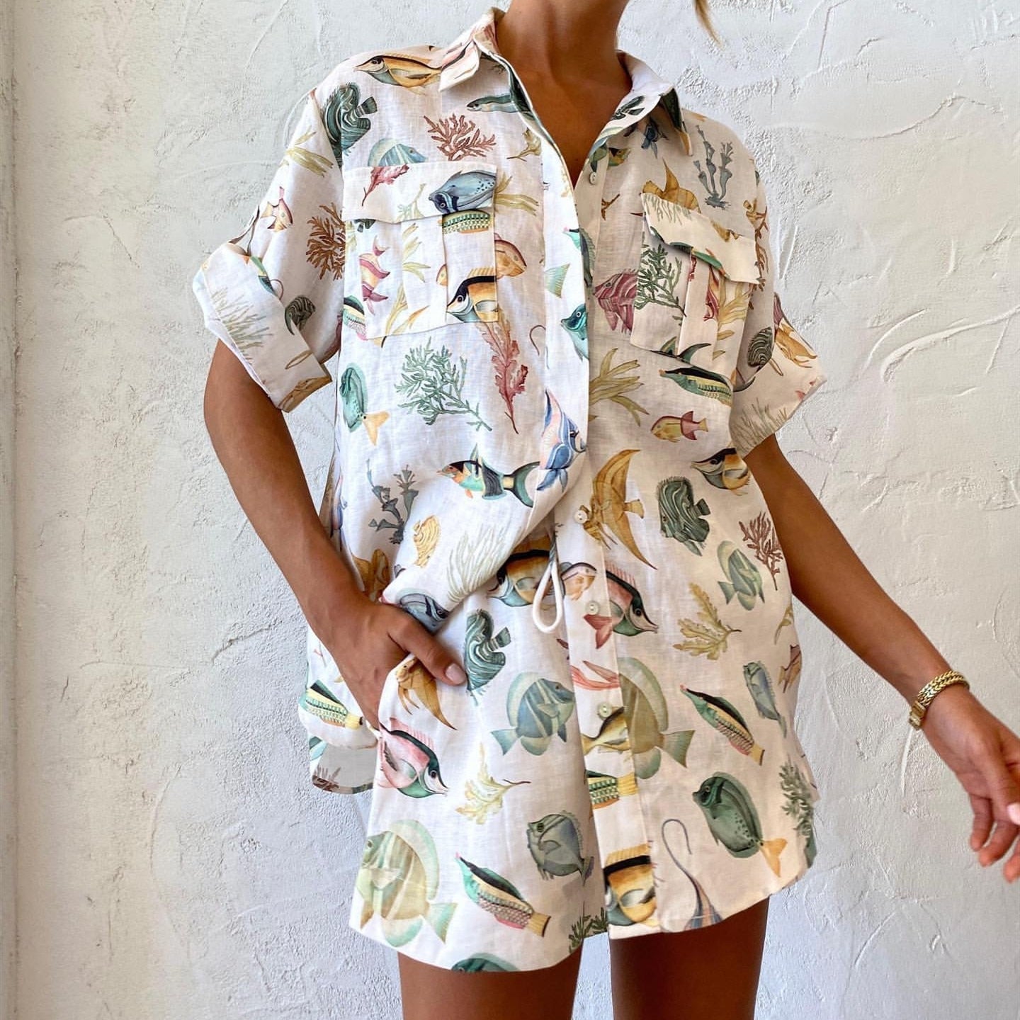Fish Print Short Sleeve Yacht Vacation Style Casual