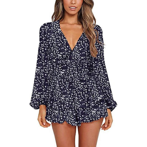 v-neck waist tie floral print short romper