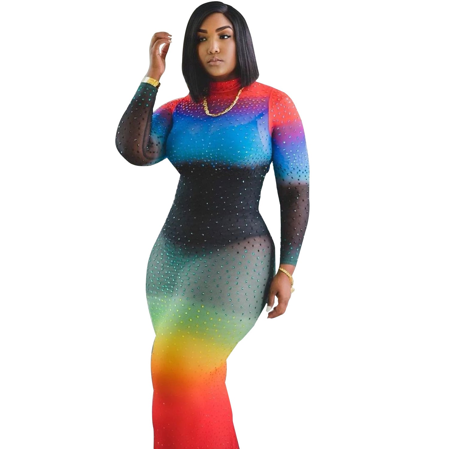 Rainbow-Colored Mesh Bodycon Dress 